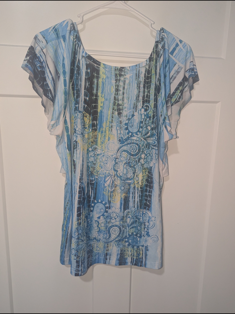 AB Studio Blue Patterned Ruffle Sleeve Women's Top - Picture 2 of 4